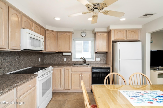 3 Newark Ave, Lavallette, NJ 08735 - kitchen with white appliances, light brown cabinets, a ceiling fan, decorative backsplash, and light tile patterned floors