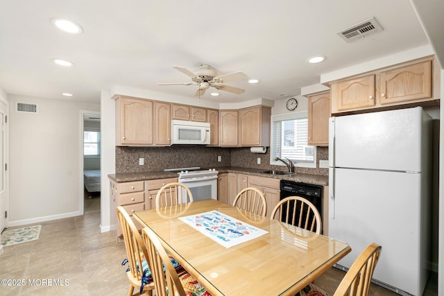 3 Newark Ave, Lavallette, NJ 08735 - kitchen with white appliances, light brown cabinetry, decorative backsplash, recessed lighting, and ceiling fan