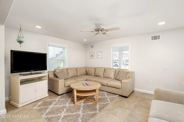 3 Newark Ave, Lavallette, NJ 08735 - living room with healthy amount of natural light, a ceiling fan, recessed lighting, and light tile patterned floors