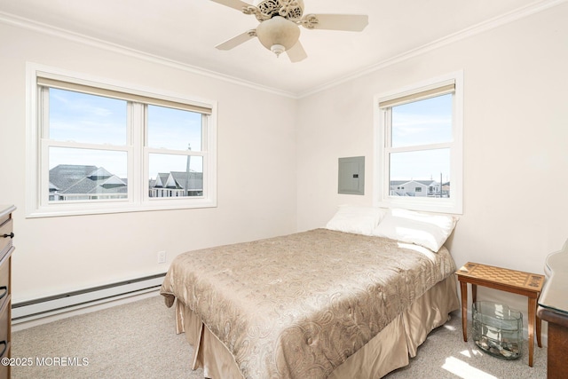 3 Newark Ave, Lavallette, NJ 08735 - bedroom featuring light colored carpet, multiple windows, a baseboard heating unit, electric panel, and ornamental molding