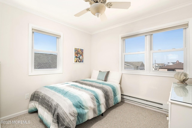 3 Newark Ave, Lavallette, NJ 08735 - bedroom with baseboard heating, carpet floors, multiple windows, ornamental molding, and a ceiling fan