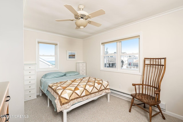 3 Newark Ave, Lavallette, NJ 08735 - bedroom with multiple windows, ornamental molding, light colored carpet, a ceiling fan, and a baseboard radiator