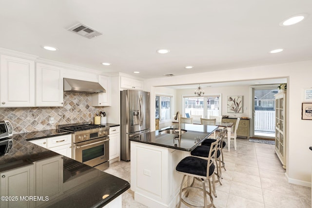 3 Newark Ave, Lavallette, NJ 08735 - kitchen featuring stainless steel appliances, wall chimney range hood, dark countertops, tasteful backsplash, and white cabinetry