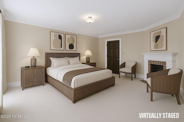 713 Navesink River Rd, Red Bank, NJ 07701 - bedroom with crown molding, carpet, and a fireplace