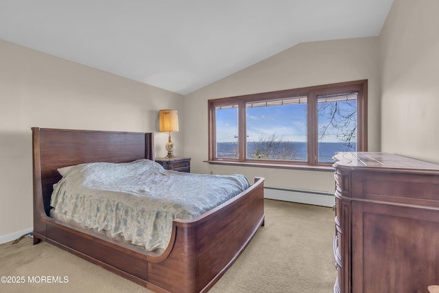 193 Ocean Blvd, Atlantic Highlands, NJ 07716 - bedroom featuring a baseboard radiator, light colored carpet, and vaulted ceiling