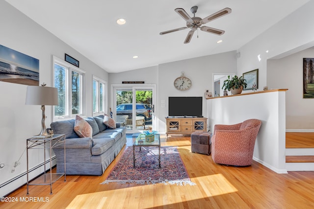 708 New York Blvd, Sea Girt, NJ 08750 - living room with baseboard heating, wood finished floors, vaulted ceiling, recessed lighting, and a ceiling fan