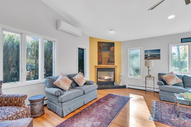 708 New York Blvd, Sea Girt, NJ 08750 - living room featuring a wall unit AC, a baseboard radiator, healthy amount of natural light, a fireplace, and recessed lighting