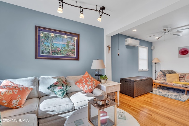 708 New York Blvd, Sea Girt, NJ 08750 - living room with a wall mounted air conditioner, light wood-style floors, a ceiling fan, and recessed lighting