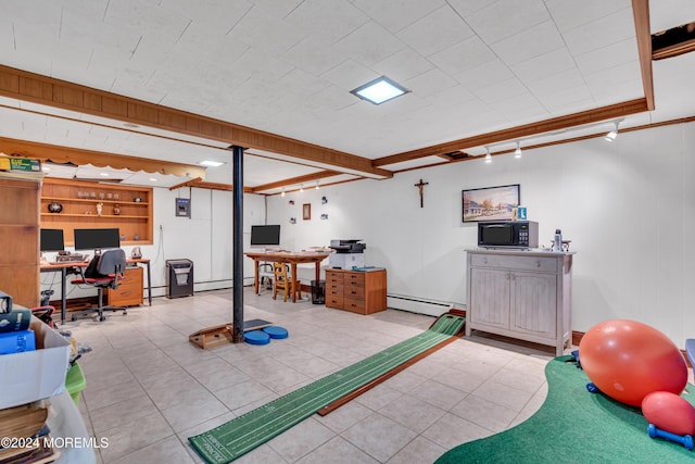 708 New York Blvd, Sea Girt, NJ 08750 - game room with a desk, a baseboard radiator, light tile patterned floors, and beam ceiling