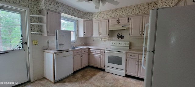 16 Ivy Ct Unit A, Whiting, NJ 08759 - kitchen with white appliances, under cabinet range hood, light countertops, a ceiling fan, and wallpapered walls