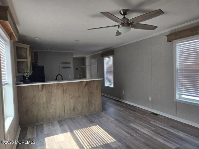 9 Mary Ann Ct, Hazlet, NJ 07734 - kitchen with a peninsula, ceiling fan, wood finished floors, refrigerator, and crown molding
