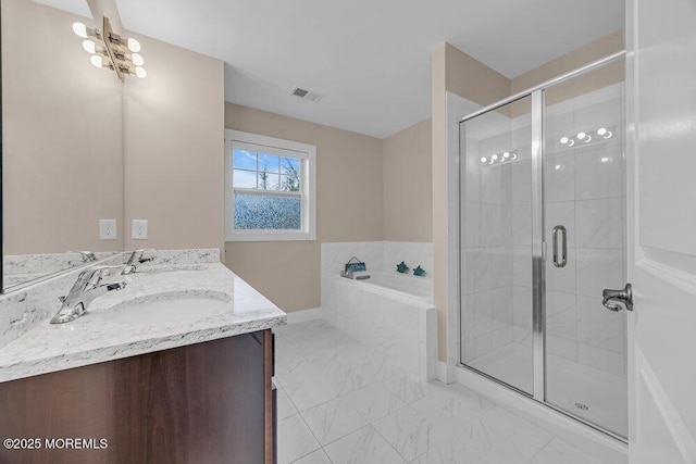 10 Willow Ave, Matawan, NJ 07747 - bathroom featuring a garden tub, double vanity, a shower stall, and marble look tiles
