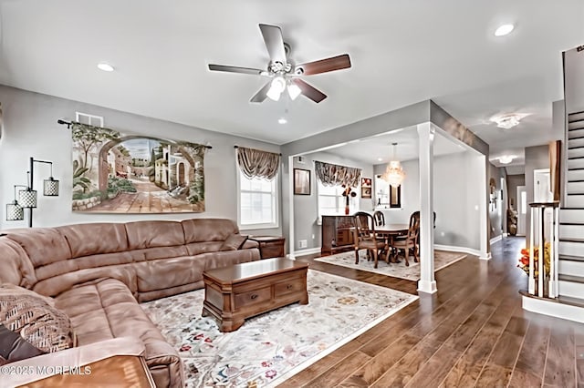 114 Maypink Ln, Howell, NJ 07731 - living room featuring a ceiling fan, dark wood finished floors, recessed lighting, and stairs