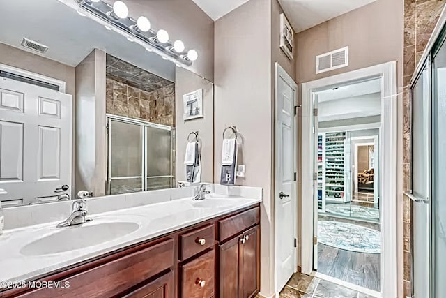 114 Maypink Ln, Howell, NJ 07731 - bathroom featuring a stall shower, double vanity, and marble finish floors