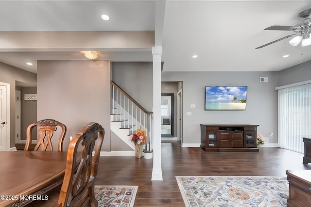 114 Maypink Ln, Howell, NJ 07731 - living area with ceiling fan, wood finished floors, stairs, and recessed lighting