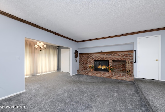 60 Beaumont Ct, Tinton Falls, NJ 07724 - unfurnished living room with a textured ceiling, ornamental molding, a fireplace, a chandelier, and carpet flooring