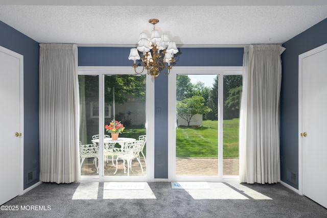 60 Beaumont Ct, Tinton Falls, NJ 07724 - doorway to outside with carpet flooring, a textured ceiling, and a chandelier