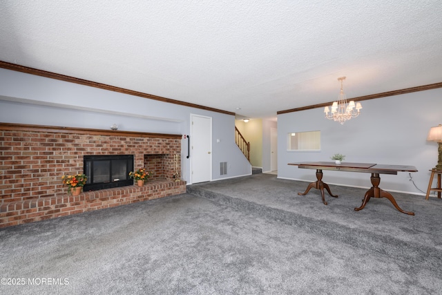 60 Beaumont Ct, Tinton Falls, NJ 07724 - unfurnished living room featuring stairs, ornamental molding, carpet, a textured ceiling, and a fireplace