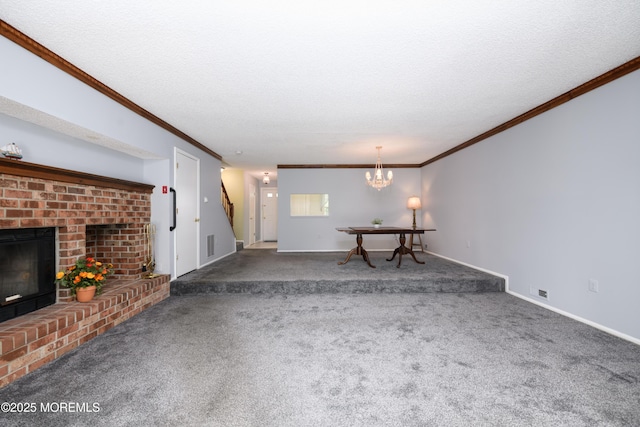 60 Beaumont Ct, Tinton Falls, NJ 07724 - unfurnished living room with crown molding, carpet flooring, stairway, a fireplace, and a chandelier