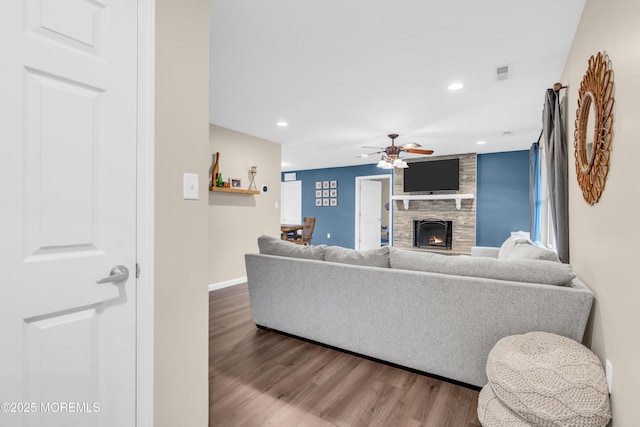 217 Hemlock Dr, Lanoka Harbor, NJ 08734 - living area featuring ceiling fan, wood finished floors, a fireplace, and recessed lighting