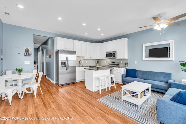 681/2 Shrewsbury Ave, Highlands, NJ 07732 - living room featuring light wood-style flooring, ceiling fan, recessed lighting, and electric panel