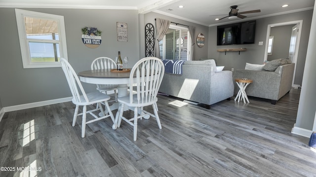 14 S Portland Dr, Little Egg Harbor, NJ 08087 - dining area featuring ornamental molding, wood finished floors, a ceiling fan, and recessed lighting