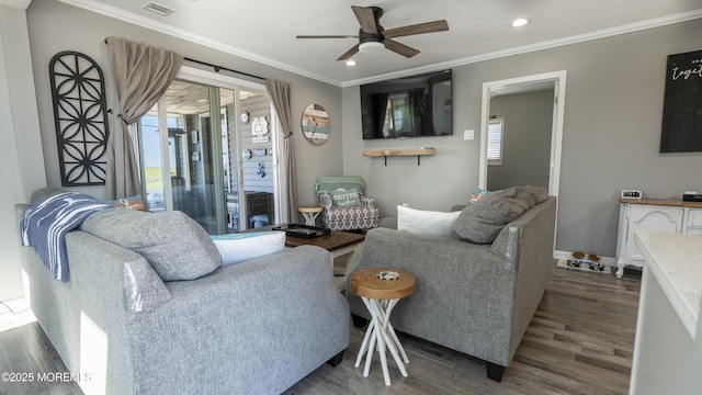 14 S Portland Dr, Little Egg Harbor, NJ 08087 - living room featuring wood finished floors, ceiling fan, ornamental molding, and recessed lighting
