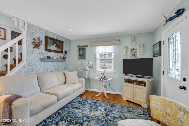 553 Kingfisher Cir, Brick, NJ 08723 - living area with wood finished floors, stairway, wallpapered walls, and an accent wall