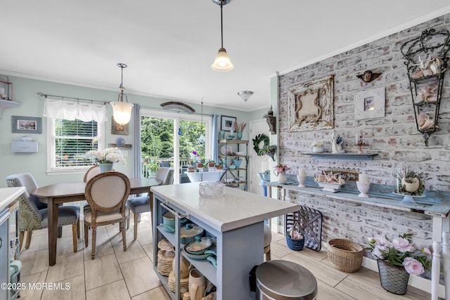 553 Kingfisher Cir, Brick, NJ 08723 - kitchen with crown molding, plenty of natural light, open shelves, decorative light fixtures, and light countertops
