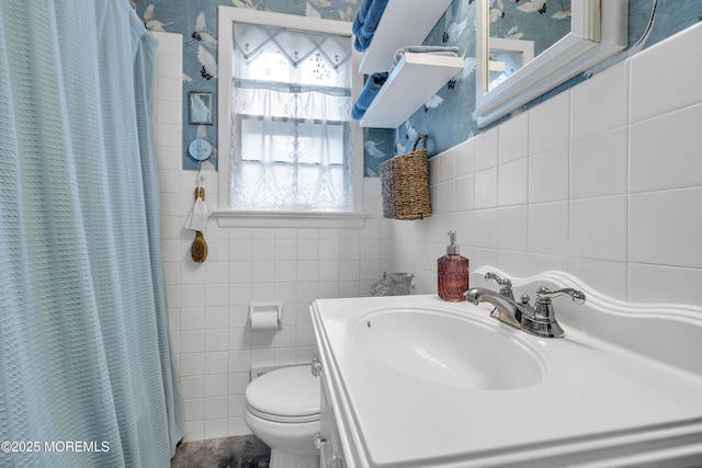 553 Kingfisher Cir, Brick, NJ 08723 - bathroom featuring tile walls, vanity, and a shower with shower curtain