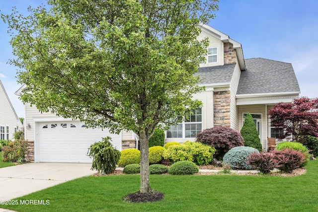 7 Bay Head Ct, Waretown, NJ 08758 - view of property hidden behind natural elements featuring stone siding, roof with shingles, a front yard, and driveway