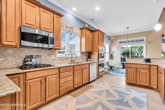 7 Bay Head Ct, Waretown, NJ 08758 - kitchen with appliances with stainless steel finishes, crown molding, pendant lighting, light stone countertops, and backsplash