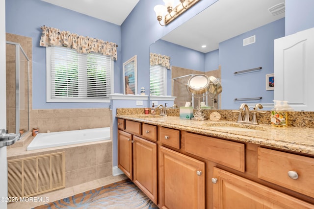 7 Bay Head Ct, Waretown, NJ 08758 - full bathroom with a stall shower, double vanity, a garden tub, and tile patterned flooring