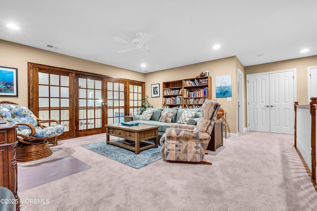 7 Bay Head Ct, Waretown, NJ 08758 - living area featuring french doors, carpet floors, ceiling fan, and recessed lighting
