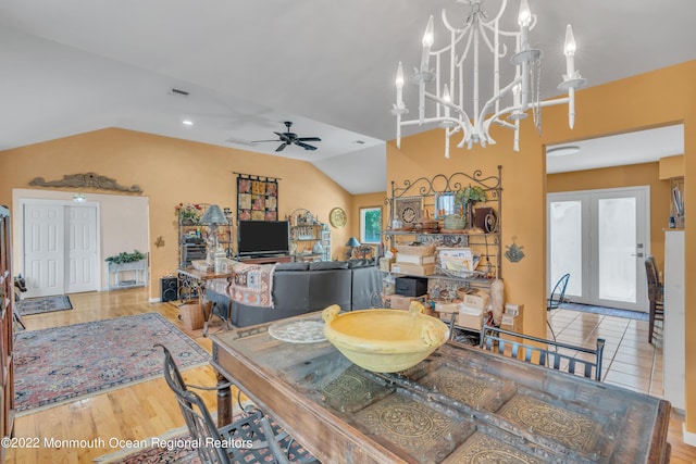 716 Hyson Rd, Jackson, NJ 08527 - dining area featuring lofted ceiling, a ceiling fan, a chandelier, and wood finished floors