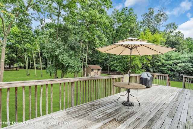716 Hyson Rd, Jackson, NJ 08527 - wooden deck featuring a shed, area for grilling, a lawn, and view of scattered trees