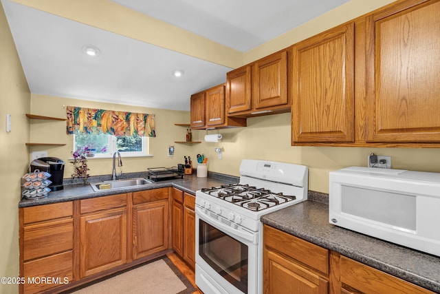 530 Aldrich Rd, Howell, NJ 07731 - kitchen with white appliances, open shelves, dark countertops, brown cabinetry, and recessed lighting