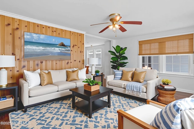 118 Sampson Ave, Seaside Heights, NJ 08751 - living room with a ceiling fan, wood finished floors, and crown molding