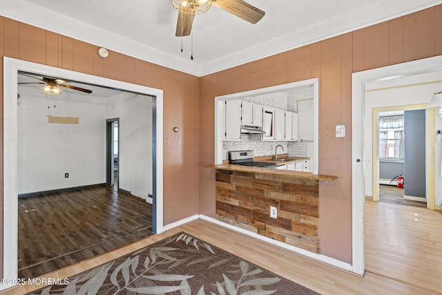 242 Sherman Ave, Seaside Heights, NJ 08751 - kitchen with ceiling fan, stainless steel stove, under cabinet range hood, wood finished floors, and wooden walls
