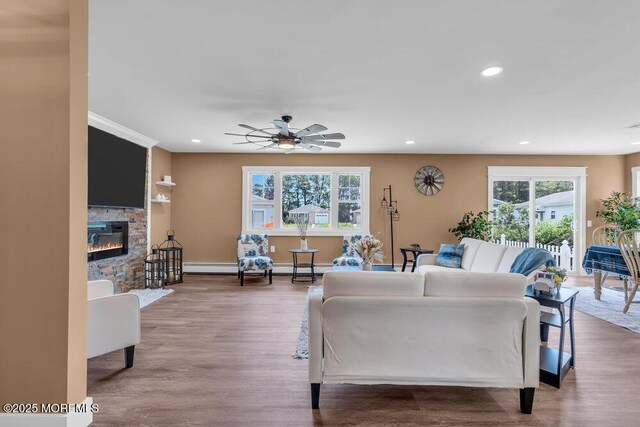 3 Andover Ct, Toms River, NJ 08757 - living area with wood finished floors, a fireplace, a ceiling fan, and recessed lighting
