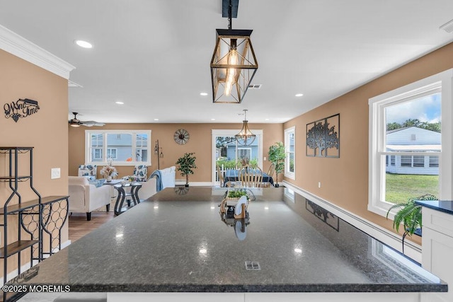 3 Andover Ct, Toms River, NJ 08757 - kitchen with recessed lighting, a spacious island, decorative light fixtures, ceiling fan, and open floor plan