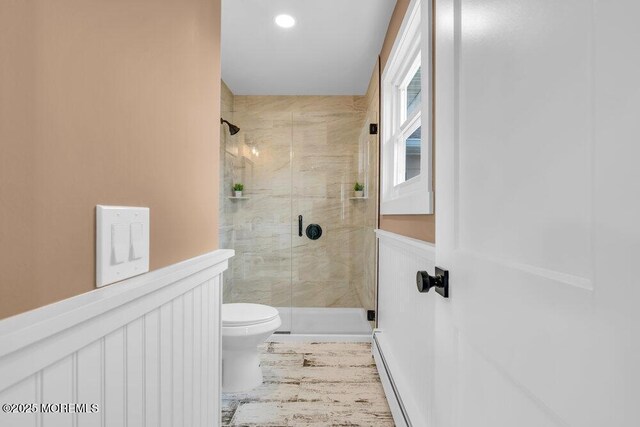 3 Andover Ct, Toms River, NJ 08757 - full bathroom featuring a stall shower, baseboard heating, and recessed lighting
