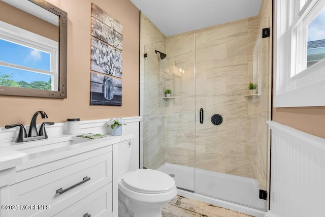 3 Andover Ct, Toms River, NJ 08757 - bathroom featuring a stall shower, plenty of natural light, vanity, and wainscoting