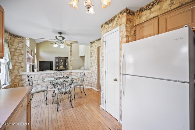 28 Brent Dr, Howell, NJ 07731 - kitchen featuring freestanding refrigerator, ceiling fan, light wood finished floors, and light countertops
