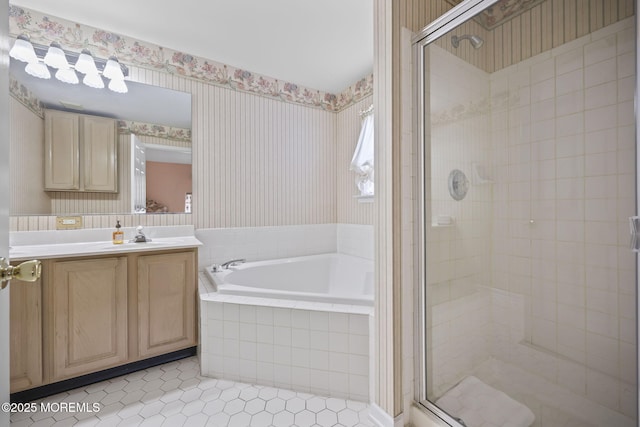 28 Brent Dr, Howell, NJ 07731 - full bathroom with wallpapered walls, a garden tub, a shower stall, vanity, and tile patterned floors