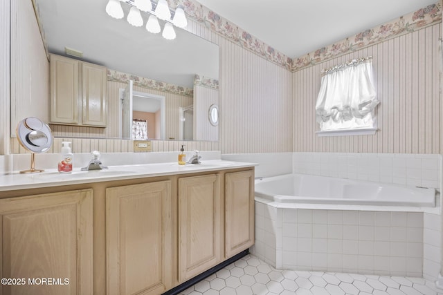 28 Brent Dr, Howell, NJ 07731 - full bath with wallpapered walls, tile patterned floors, a bath, and double vanity