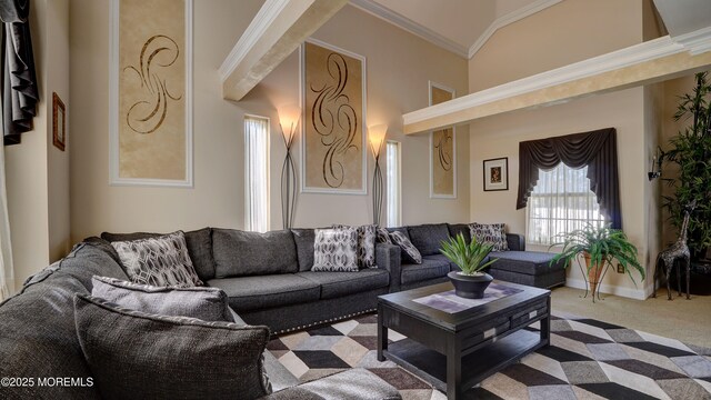 44 Kentucky Way, Freehold, NJ 07728 - carpeted living room featuring crown molding and lofted ceiling