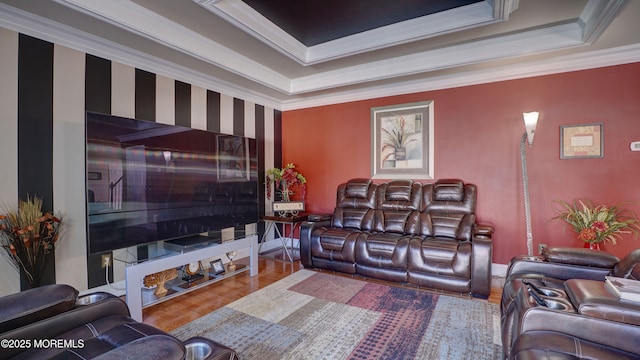 44 Kentucky Way, Freehold, NJ 07728 - living area featuring a tray ceiling, ornamental molding, and wood finished floors