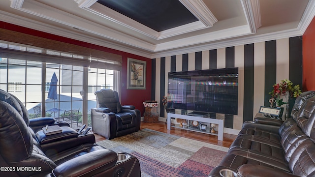 44 Kentucky Way, Freehold, NJ 07728 - living area featuring ornamental molding, wood finished floors, a tray ceiling, and wallpapered walls