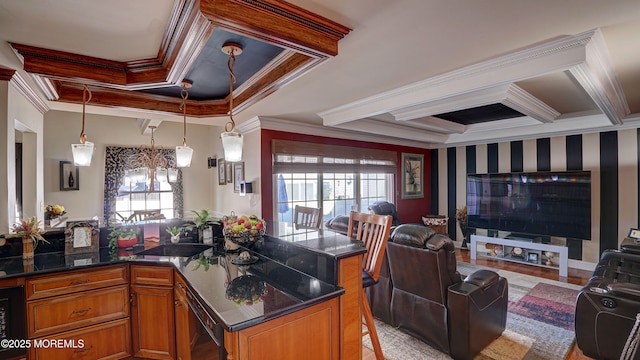 44 Kentucky Way, Freehold, NJ 07728 - kitchen with coffered ceiling, open floor plan, crown molding, plenty of natural light, and brown cabinetry